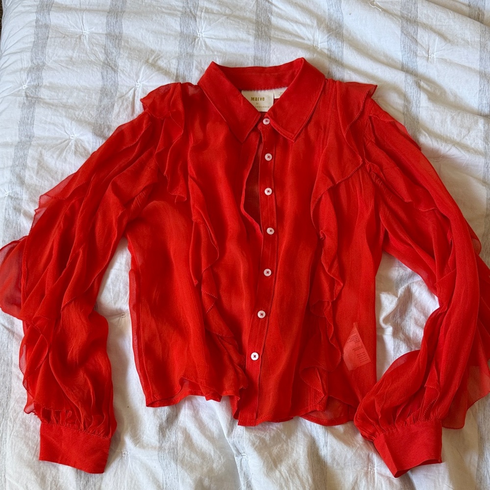 MAEVE Anthropology Vibrant Red Ruffle Blouse Small